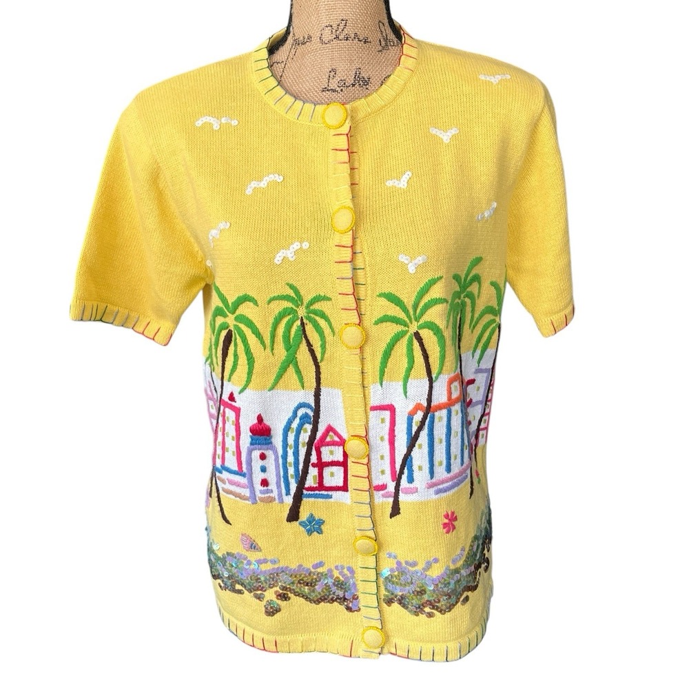 Vintage Morgan Cole Sz S Cardigan Beach Scene Embroidered Yellow Sweater Coastal